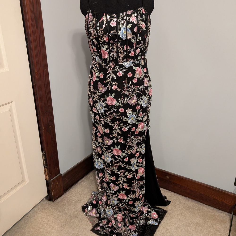 Strapless Black Dress with Floral Embroidery